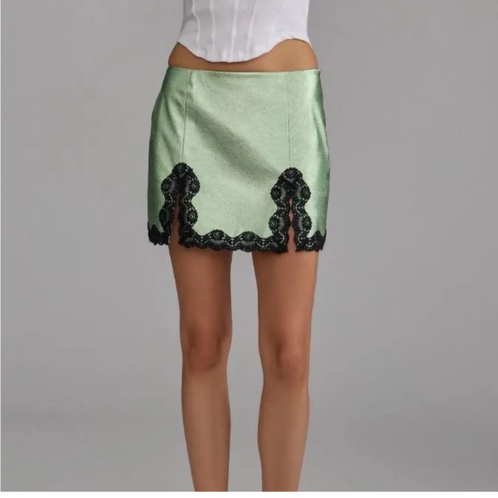 Anna Sui Green Metallic Skirt With Black Lace